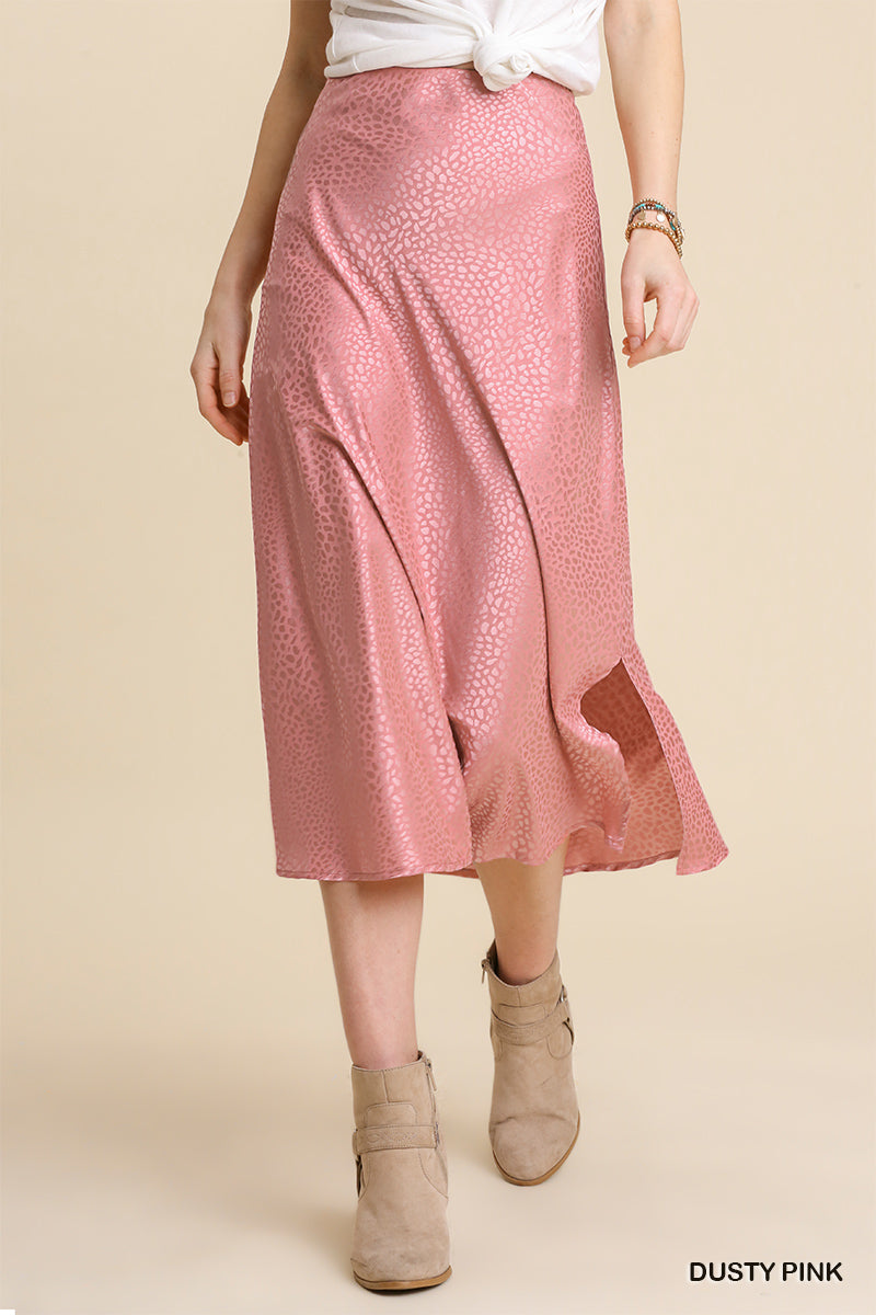 Umgee Animal Satin Jacquard Print Elastic Waist Slits Midi Skirt