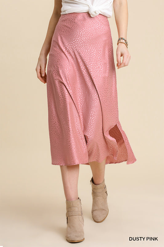 Umgee Animal Satin Jacquard Print Elastic Waist Slits Midi Skirt