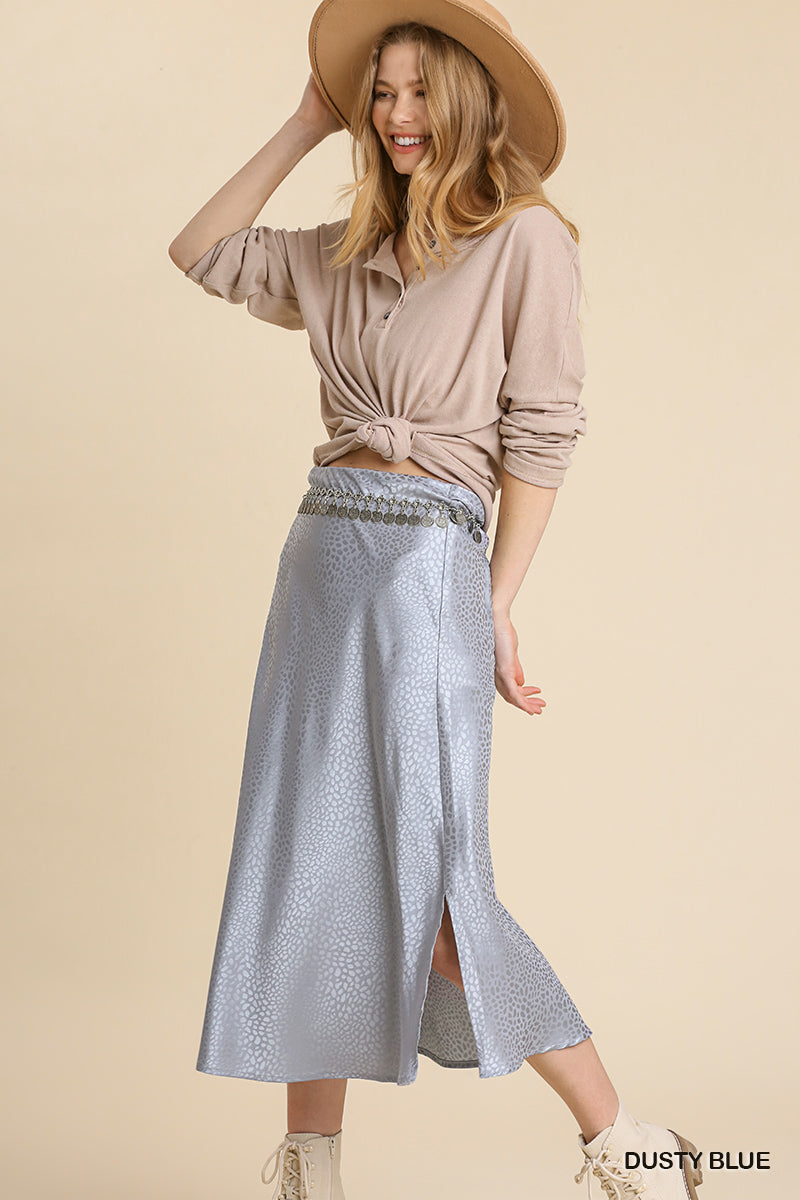 Umgee Animal Satin Jacquard Print Elastic Waist Slits Midi Skirt