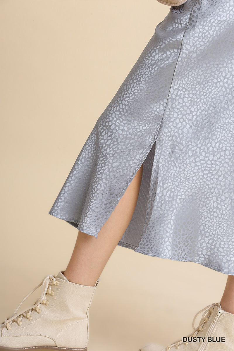 Umgee Animal Satin Jacquard Print Elastic Waist Slits Midi Skirt
