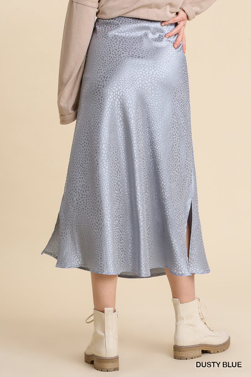 Umgee Animal Satin Jacquard Print Elastic Waist Slits Midi Skirt