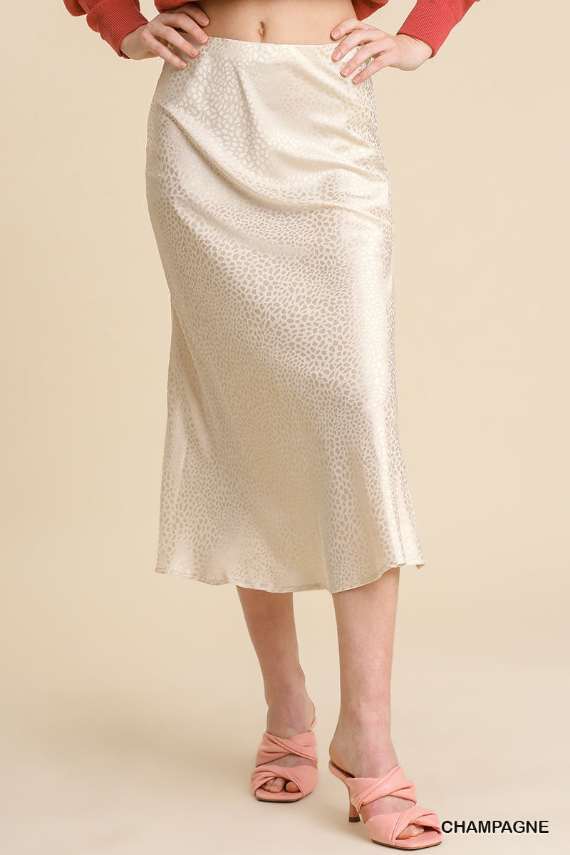 Umgee Animal Satin Jacquard Print Elastic Waist Slits Midi Skirt