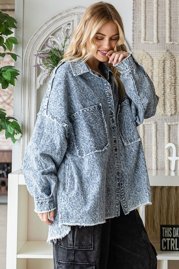 Oli & Hali Texture Denim Washed Oversize Shirts Jacket