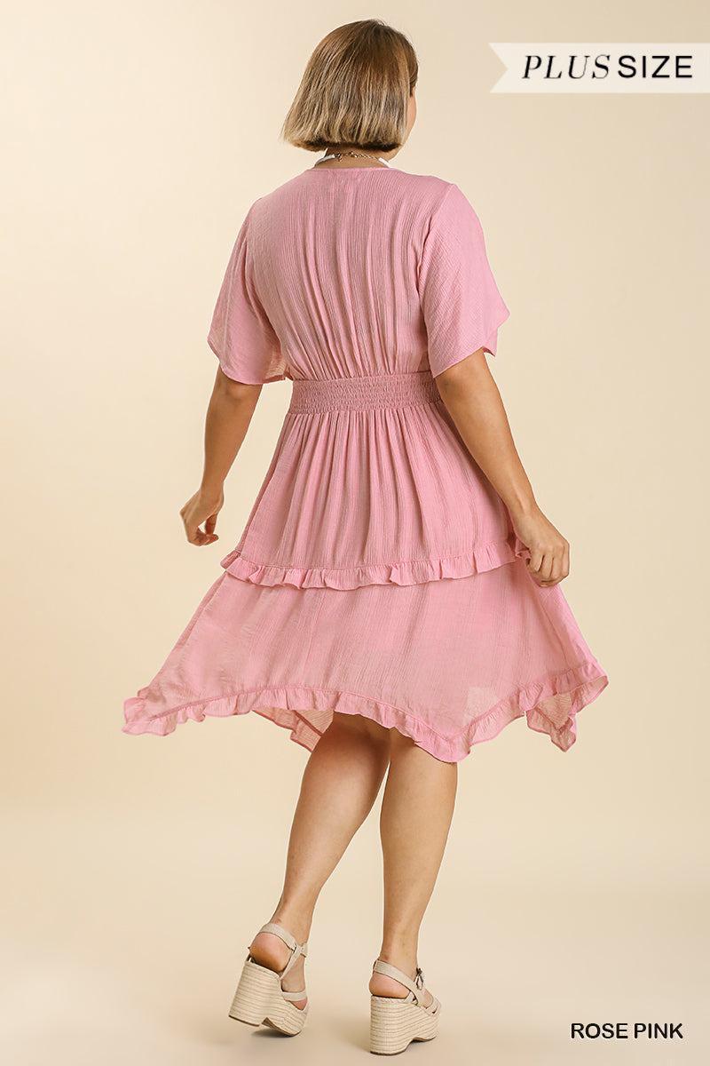 Umgee Plus Smocked Short Sleeve V-Neck Sharkbite Hem Textured Dress