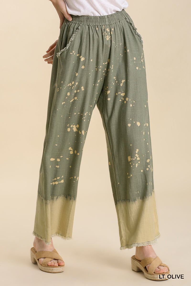 Umgee Linen Blend Bleach Dip Dye Elastic Waistband Wide Leg Pants