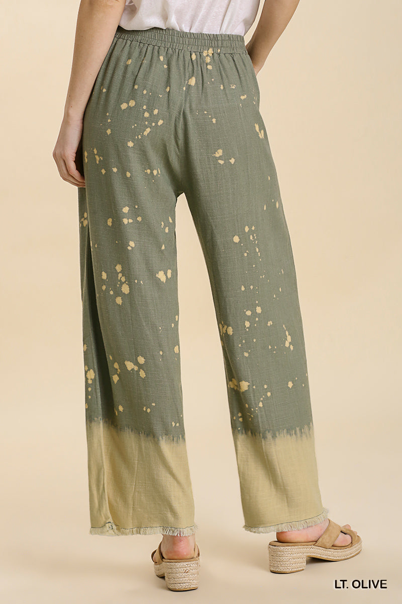 Umgee Linen Blend Bleach Dip Dye Elastic Waistband Wide Leg Pants