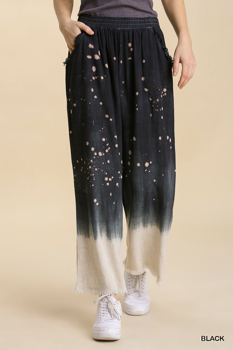 Umgee Linen Blend Bleach Dip Dye Elastic Waistband Wide Leg Pants