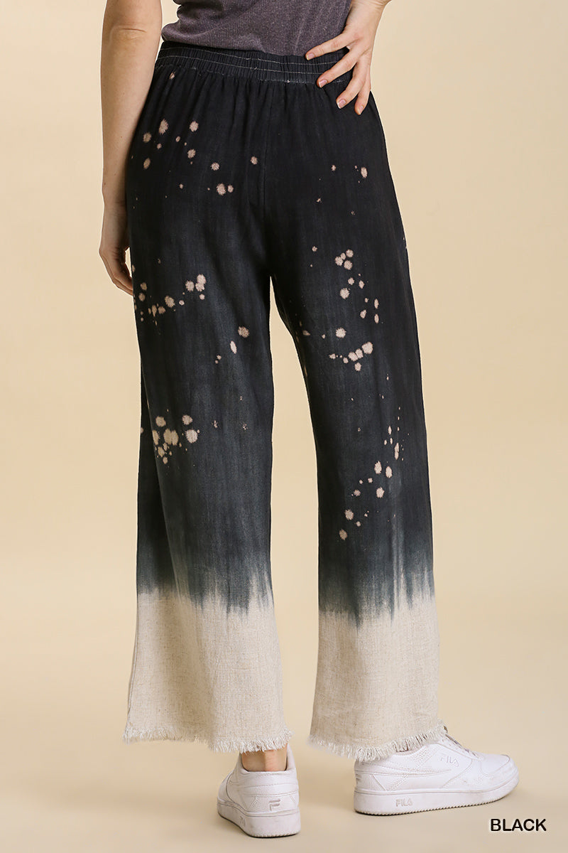 Umgee Linen Blend Bleach Dip Dye Elastic Waistband Wide Leg Pants