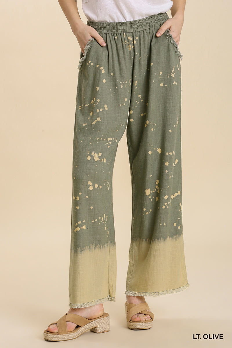 Umgee Linen Blend Bleach Dip Dye Elastic Waistband Wide Leg Pants