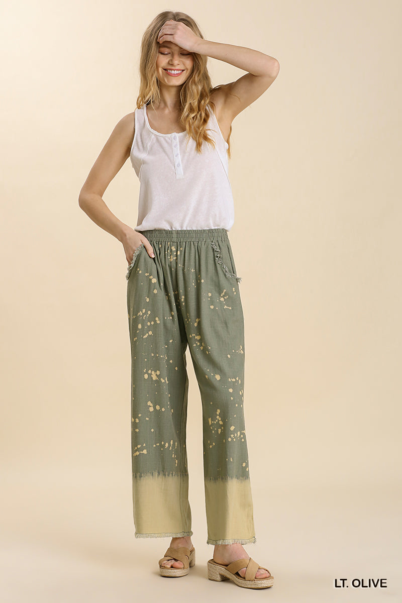 Umgee Linen Blend Bleach Dip Dye Elastic Waistband Wide Leg Pants