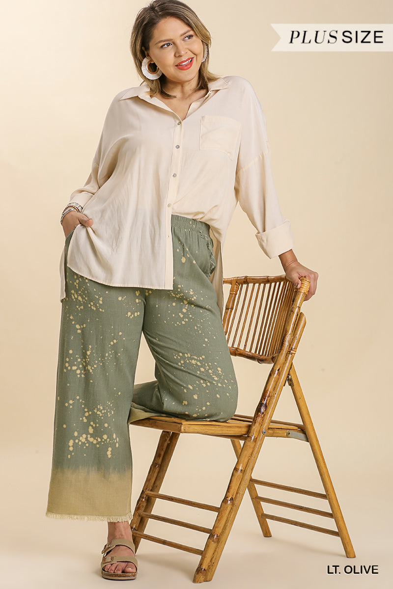 Umgee Plus Elastic Waistband Frayed Edged Hem Wide Leg Pants