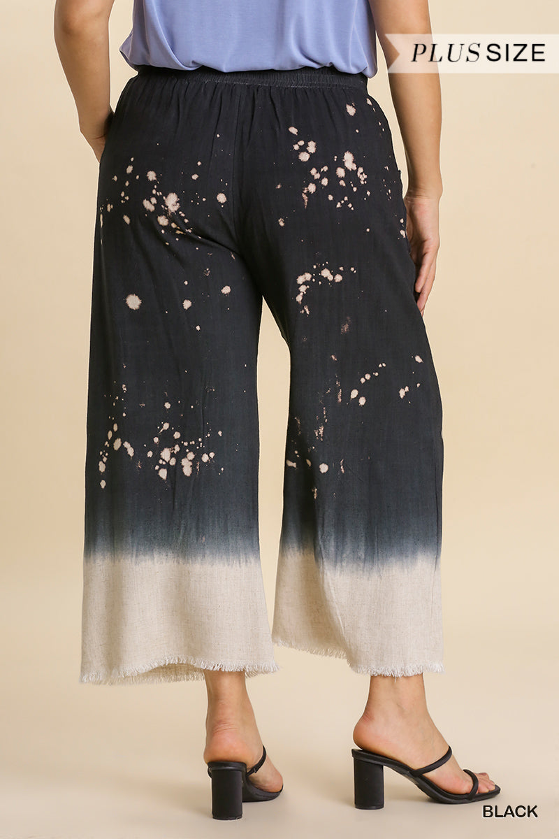 Umgee Plus Elastic Waistband Frayed Edged Hem Wide Leg Pants