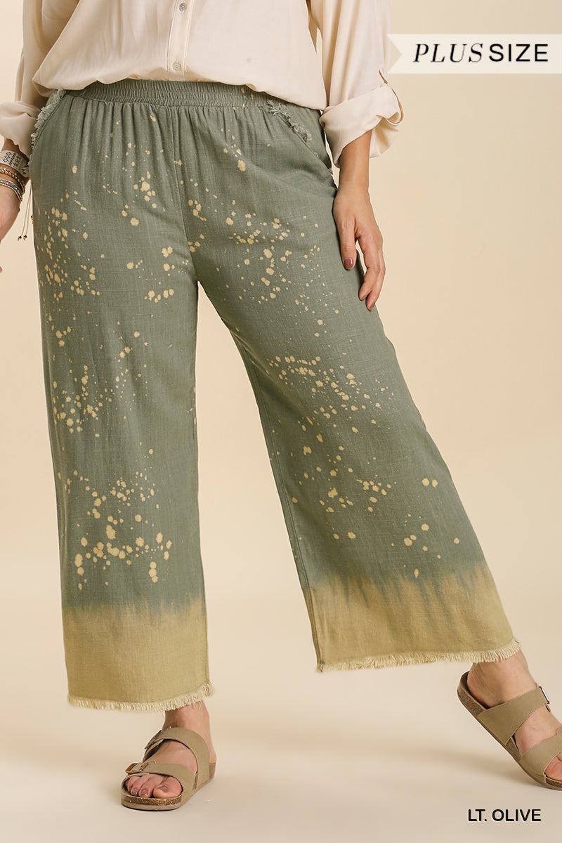 Umgee Plus Elastic Waistband Frayed Edged Hem Wide Leg Pants