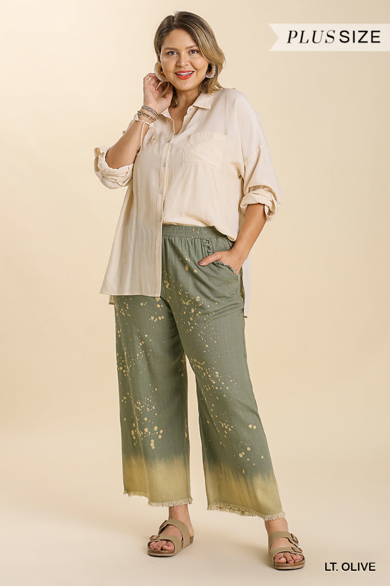 Umgee Plus Elastic Waistband Frayed Edged Hem Wide Leg Pants