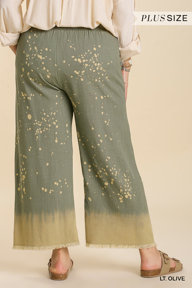 Umgee Plus Elastic Waistband Frayed Edged Hem Wide Leg Pants
