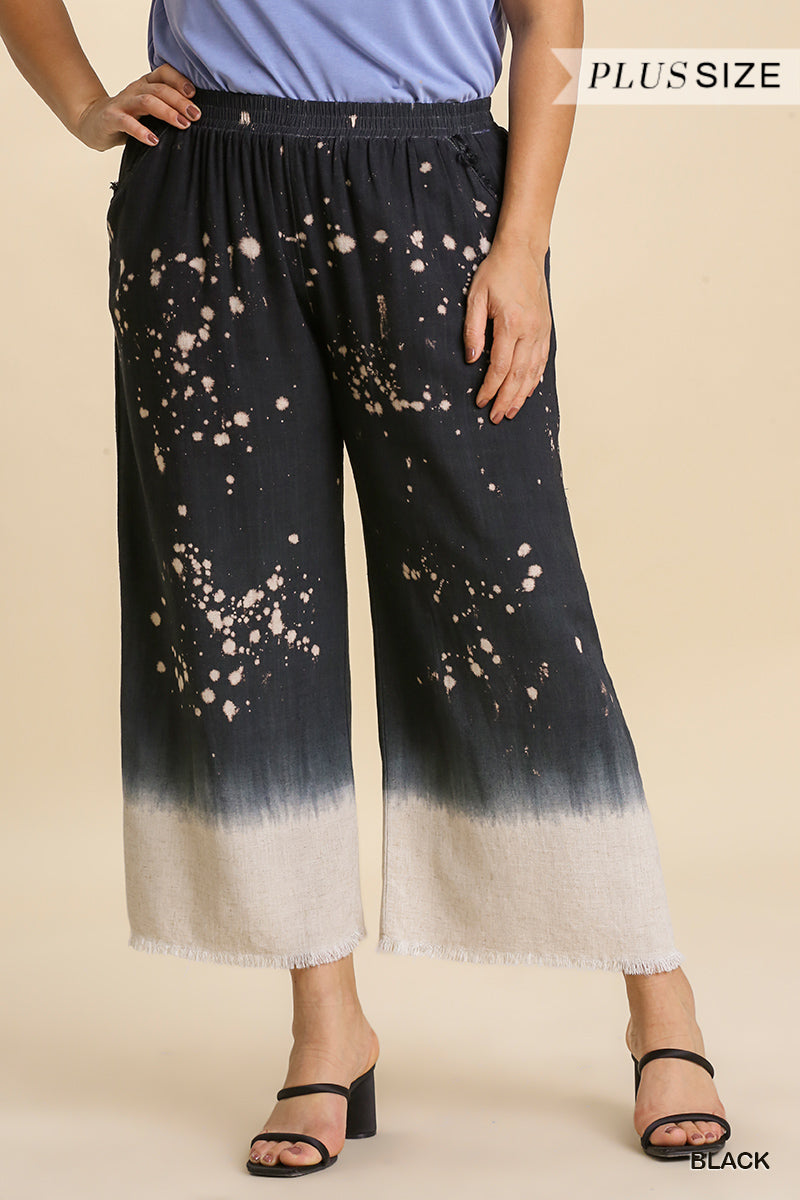 Umgee Plus Elastic Waistband Frayed Edged Hem Wide Leg Pants