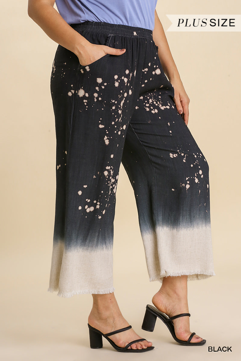 Umgee Plus Elastic Waistband Frayed Edged Hem Wide Leg Pants