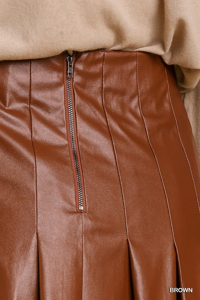 Umgee Leather Pleated Back Zipper Mini Skirt