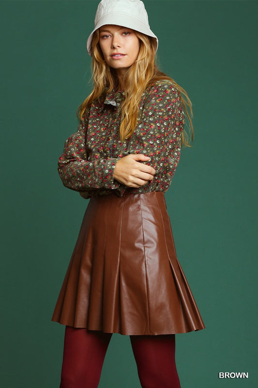 Umgee Leather Pleated Back Zipper Mini Skirt