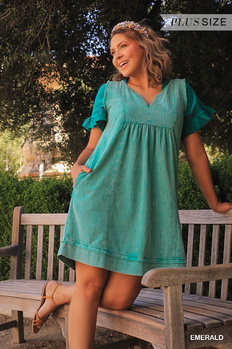 Umgee Plus Mineral Wash Sleeveless Split Neck Fringe Hem Dress