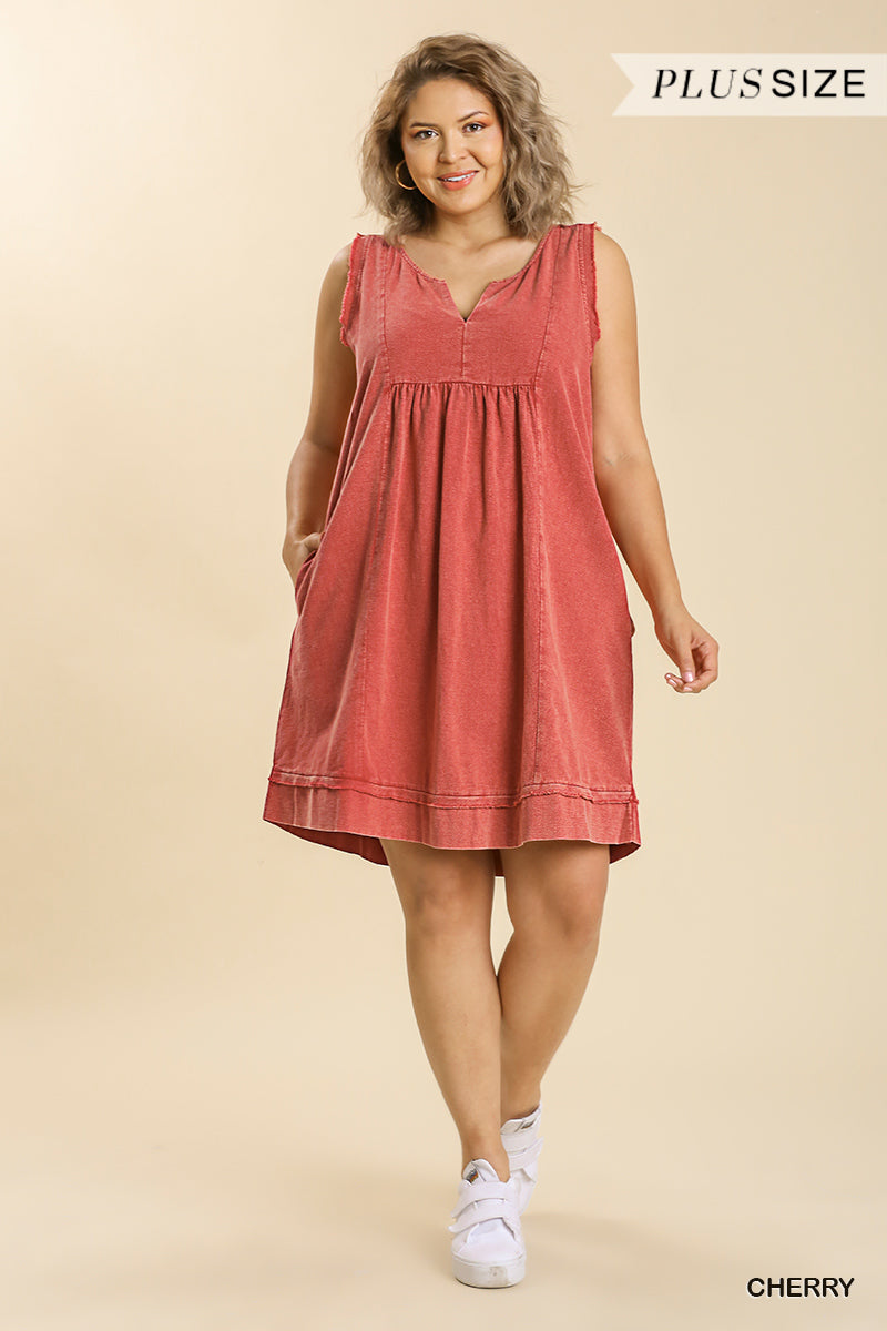 Umgee Plus Mineral Wash Sleeveless Split Neck Fringe Hem Dress