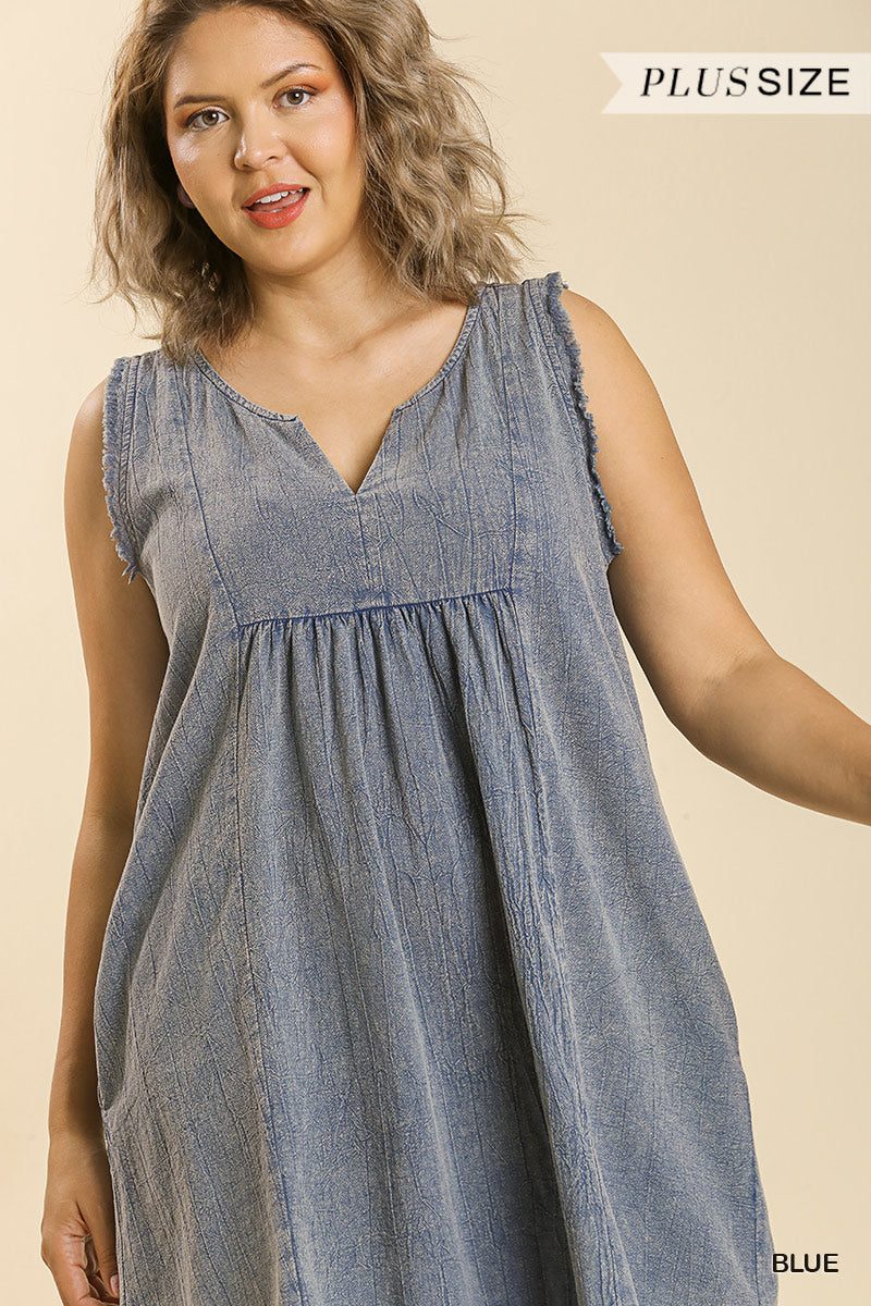 Umgee Plus Mineral Wash Sleeveless Split Neck Fringe Hem Dress