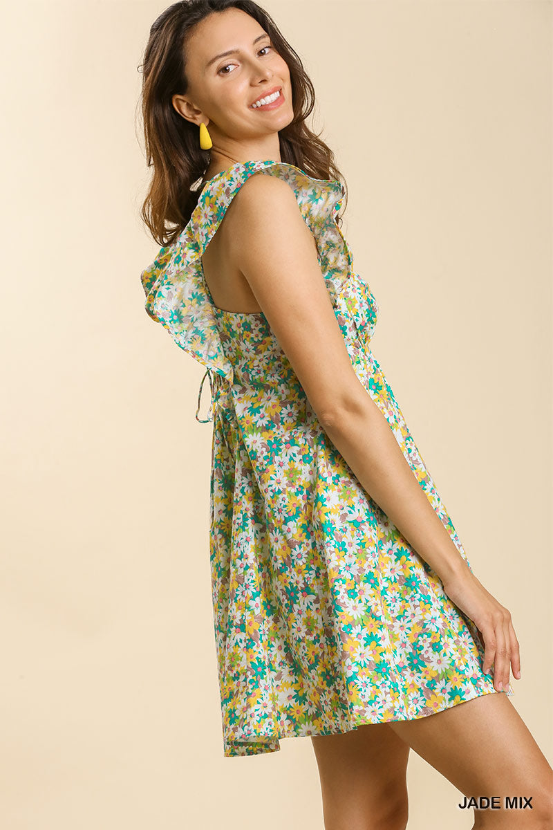 Umgee Mix Floral Print Poplin Sleeveless Back Crossover Strap Dress - Roulhac Fashion Boutique