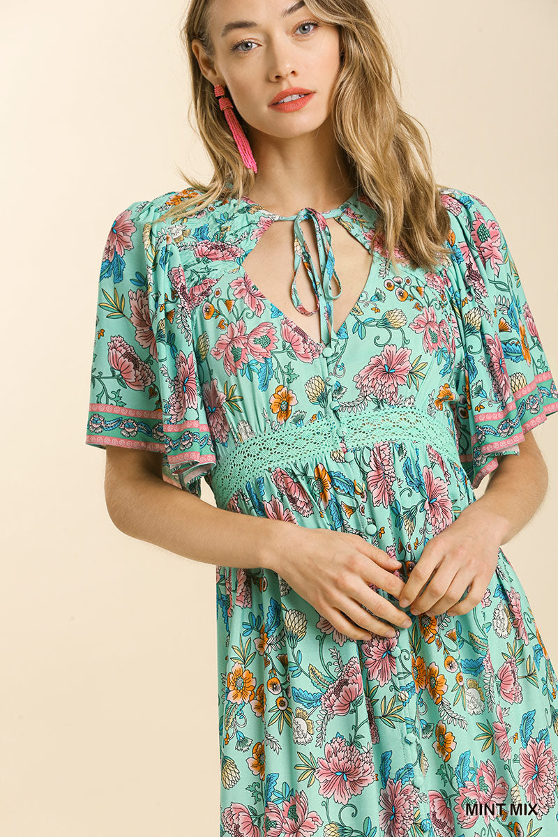 Umgee Mix Floral Print 3/4 Sleeve Lace Trim Side Slit Maxi Dress - Roulhac Fashion Boutique