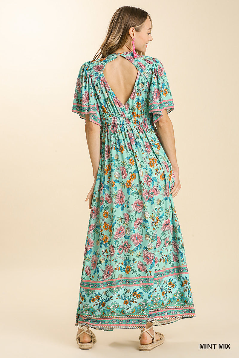 Umgee Mix Floral Print 3/4 Sleeve Lace Trim Side Slit Maxi Dress - Roulhac Fashion Boutique