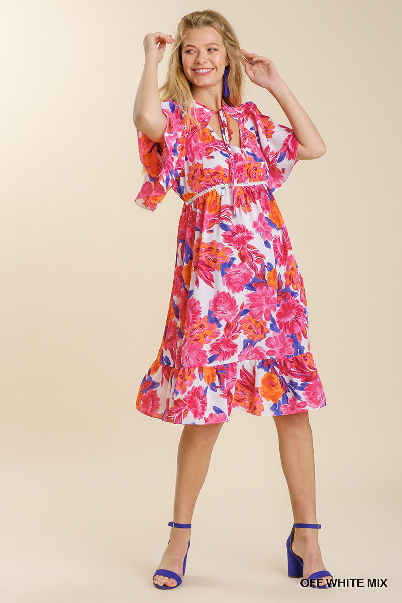 Umgee Floral Print Front Tie Lace Trim Short Sleeve Back Cut Out Dress - Roulhac Fashion Boutique