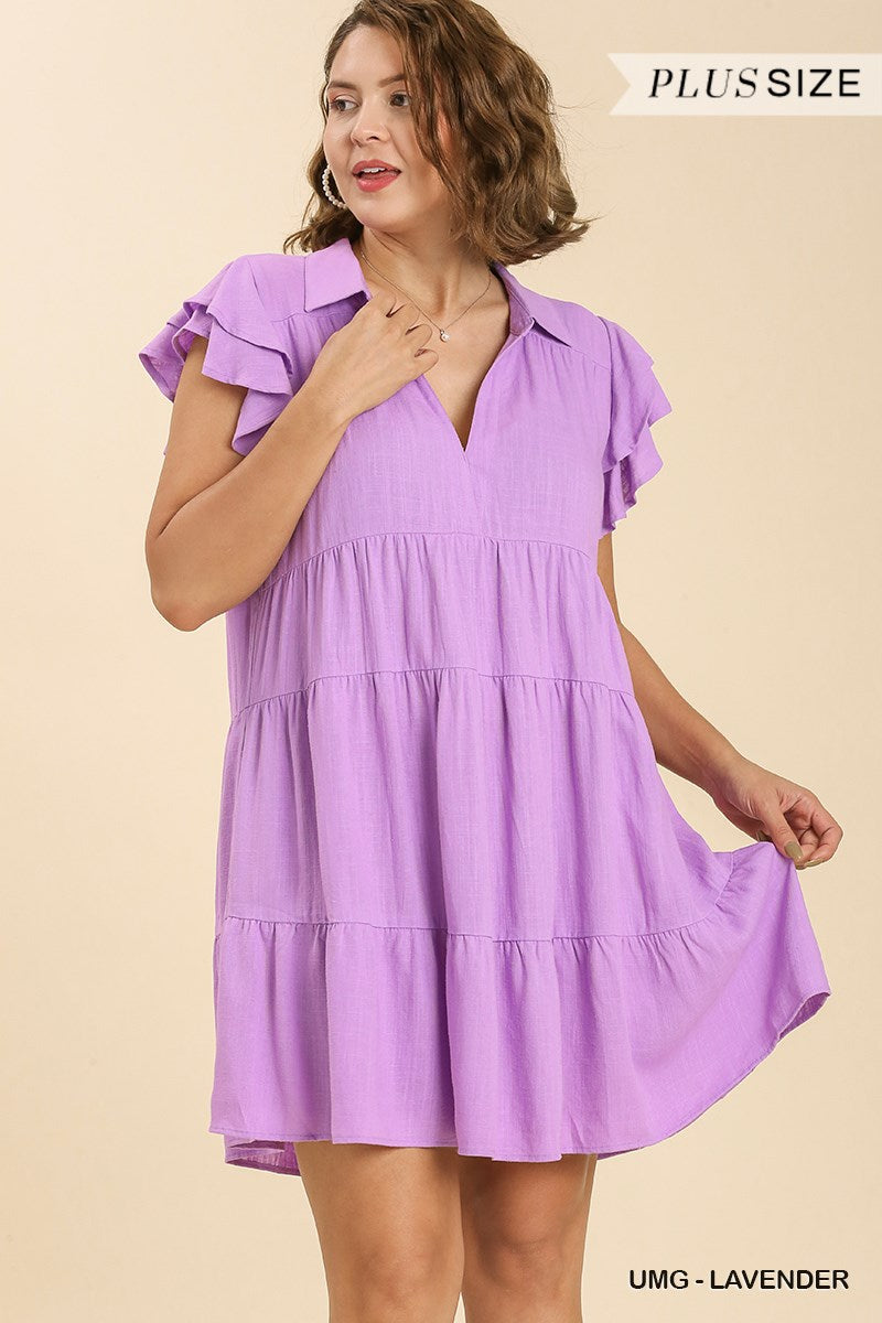 Umgee Plus Linen Blend Collar Split Neck Short Ruffle Sleeves Tiered Dress