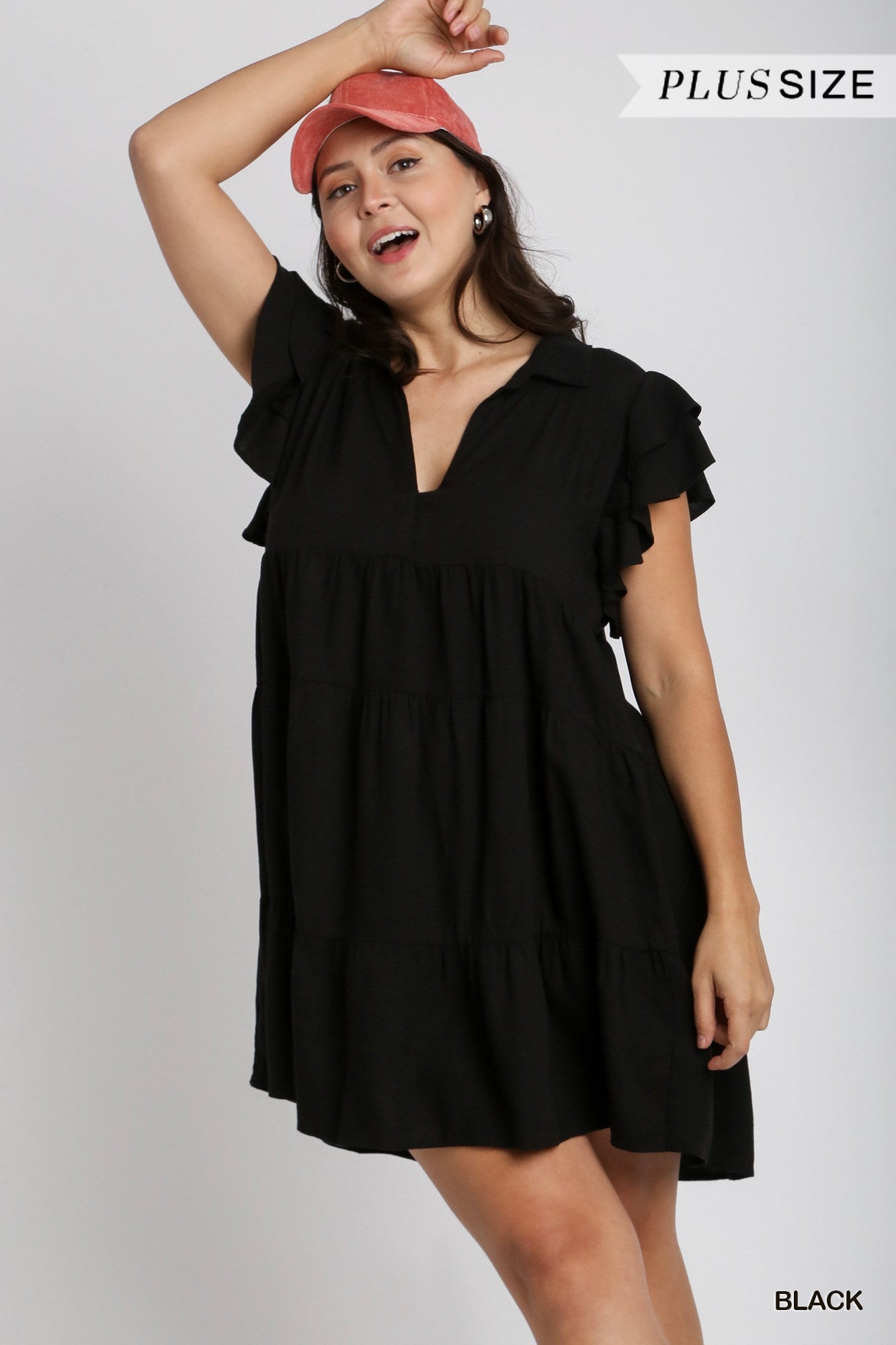 Umgee Plus Linen Blend Collar Split Neck Short Ruffle Sleeves Tiered Dress