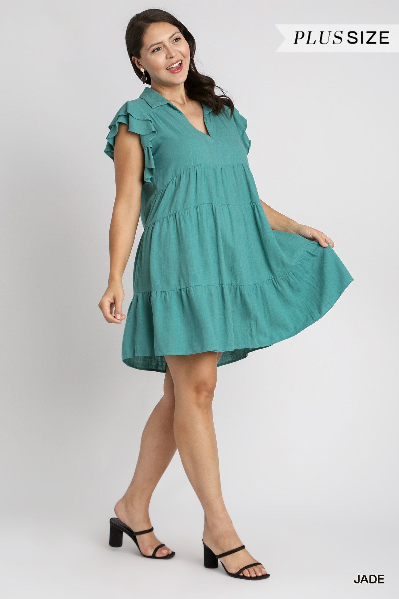 Umgee Plus Linen Blend Collar Split Neck Short Ruffle Sleeves Tiered Dress