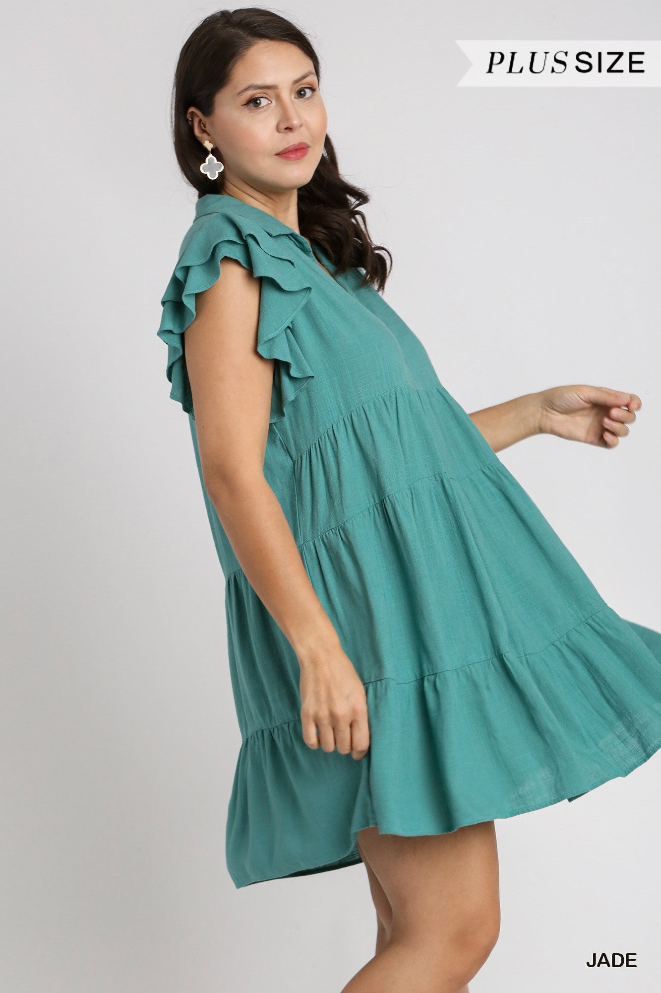 Umgee Plus Linen Blend Collar Split Neck Short Ruffle Sleeves Tiered Dress