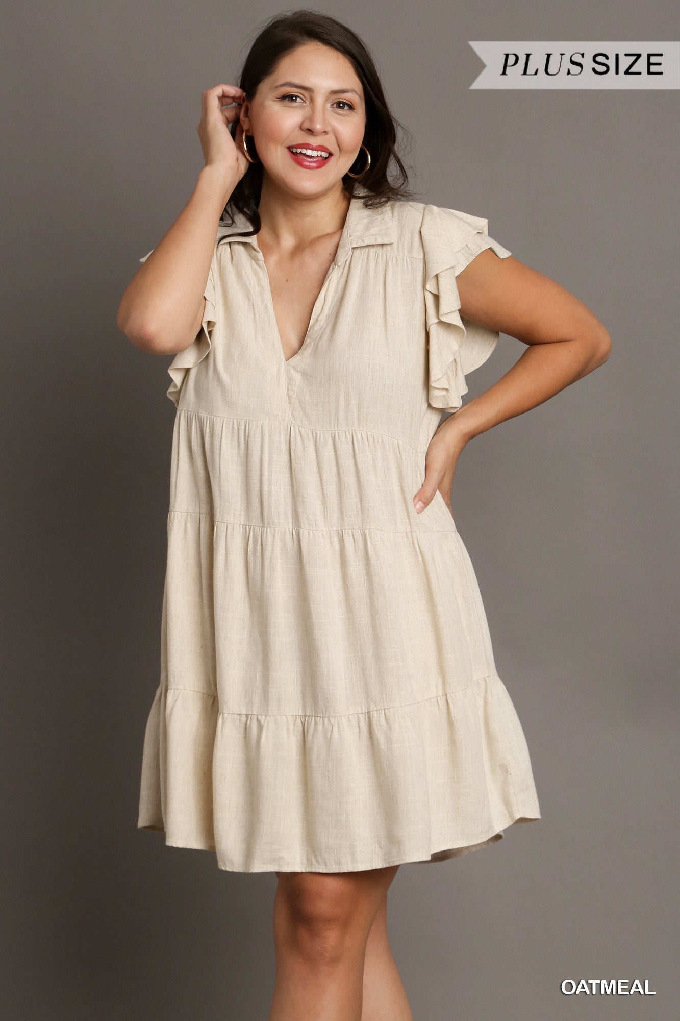 Umgee Plus Linen Blend Collar Split Neck Short Ruffle Sleeves Tiered Dress
