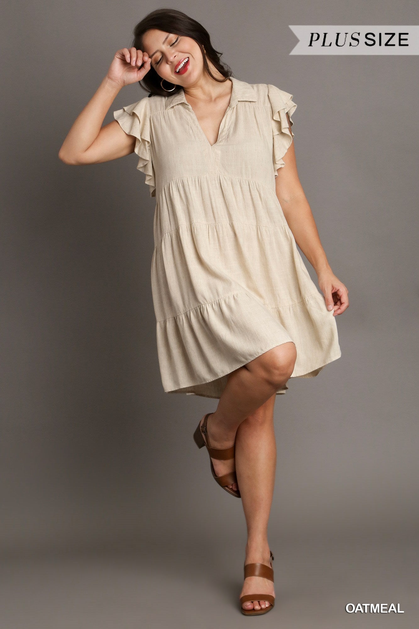 Umgee Plus Linen Blend Collar Split Neck Short Ruffle Sleeves Tiered Dress