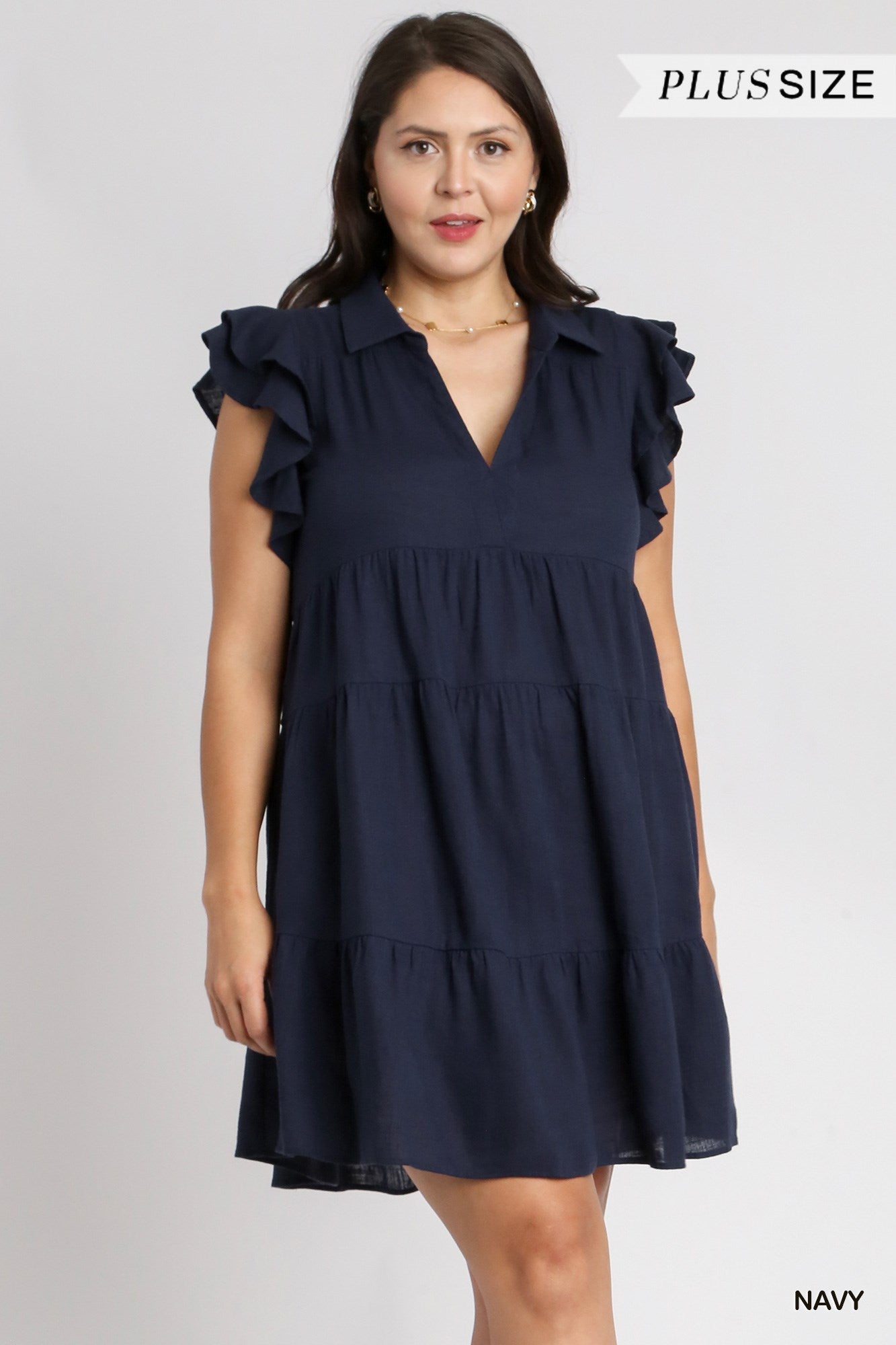 Umgee Plus Linen Blend Collar Split Neck Short Ruffle Sleeves Tiered Dress