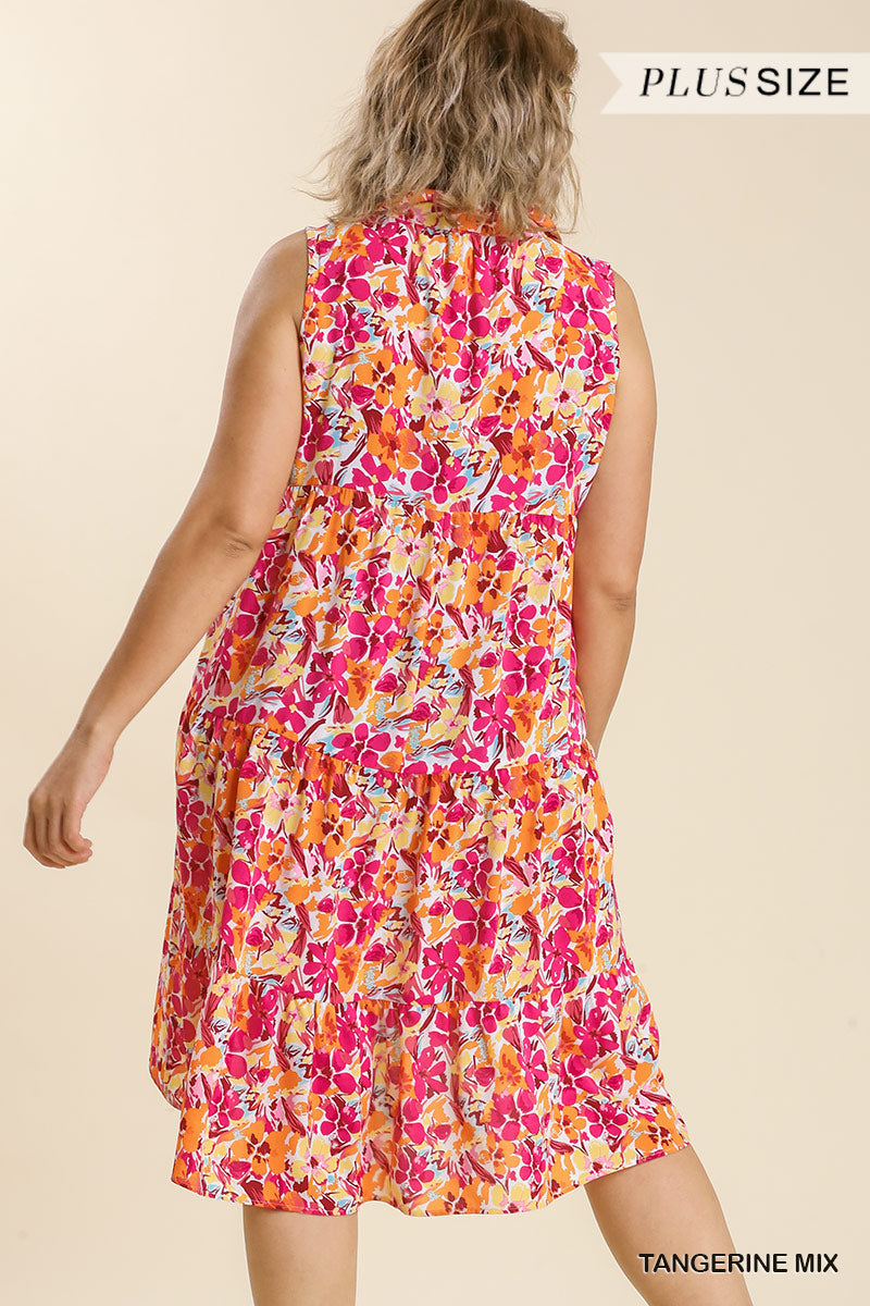 Umgee Plus Floral Print Sleeveless Collared Split Neck Tiered Midi Dress