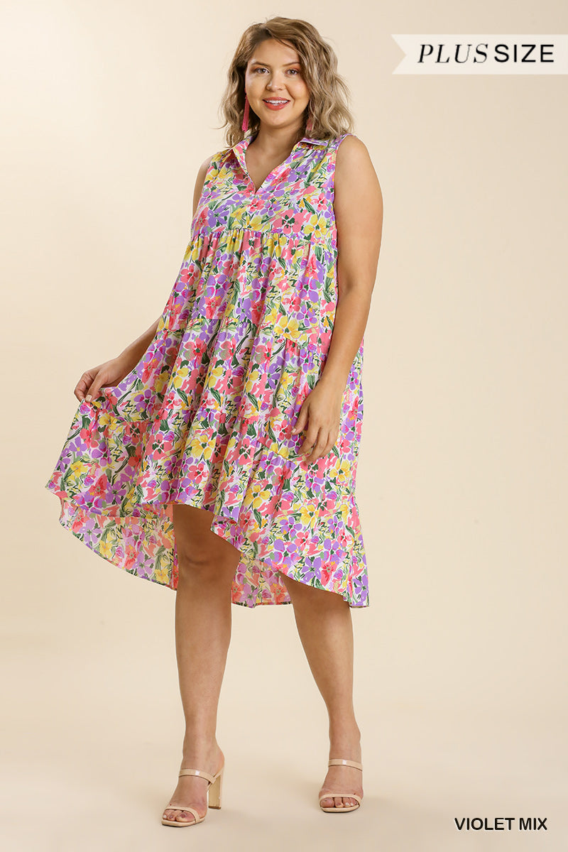 Umgee Plus Floral Print Sleeveless Collared Split Neck Tiered Midi Dress