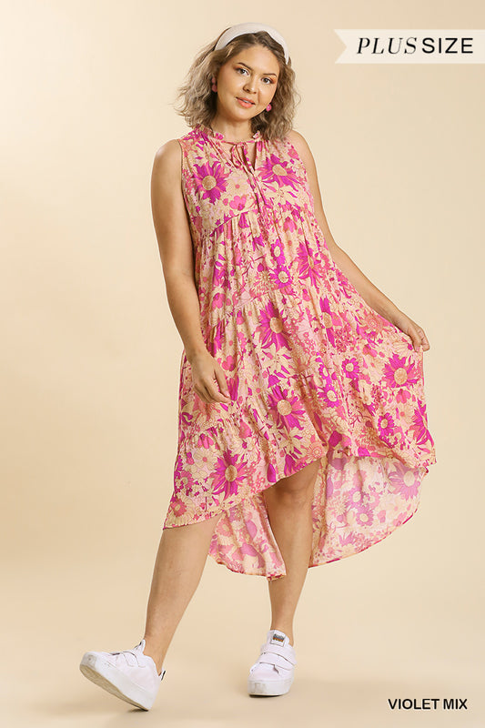 Umgee Plus Mixed Floral Print Sleeveless Tie Front Midi Dress