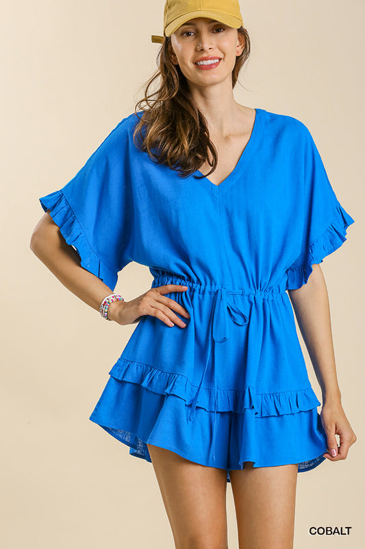 Umgee Short Bell Sleeve V-Neck Romper with an Elastic Drawstring Waist