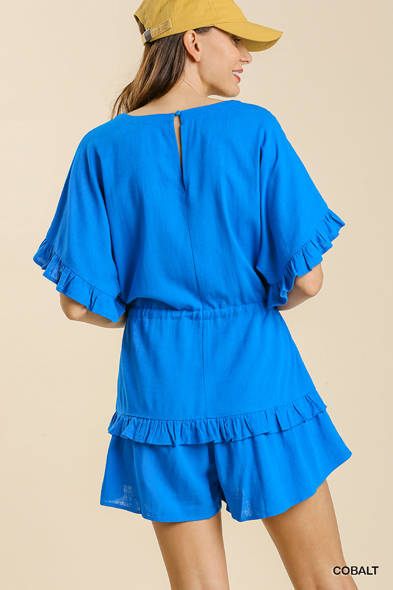 Umgee Short Bell Sleeve V-Neck Romper with an Elastic Drawstring Waist
