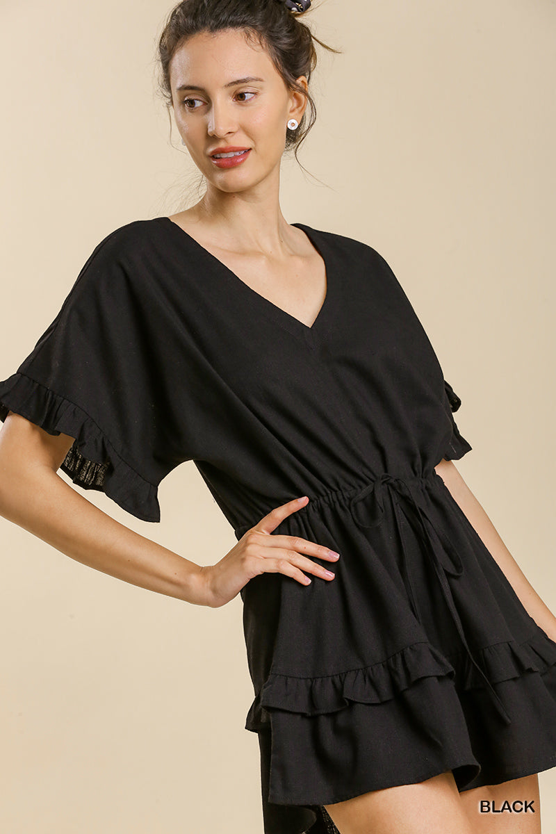Umgee Short Bell Sleeve V-Neck Romper with an Elastic Drawstring Waist