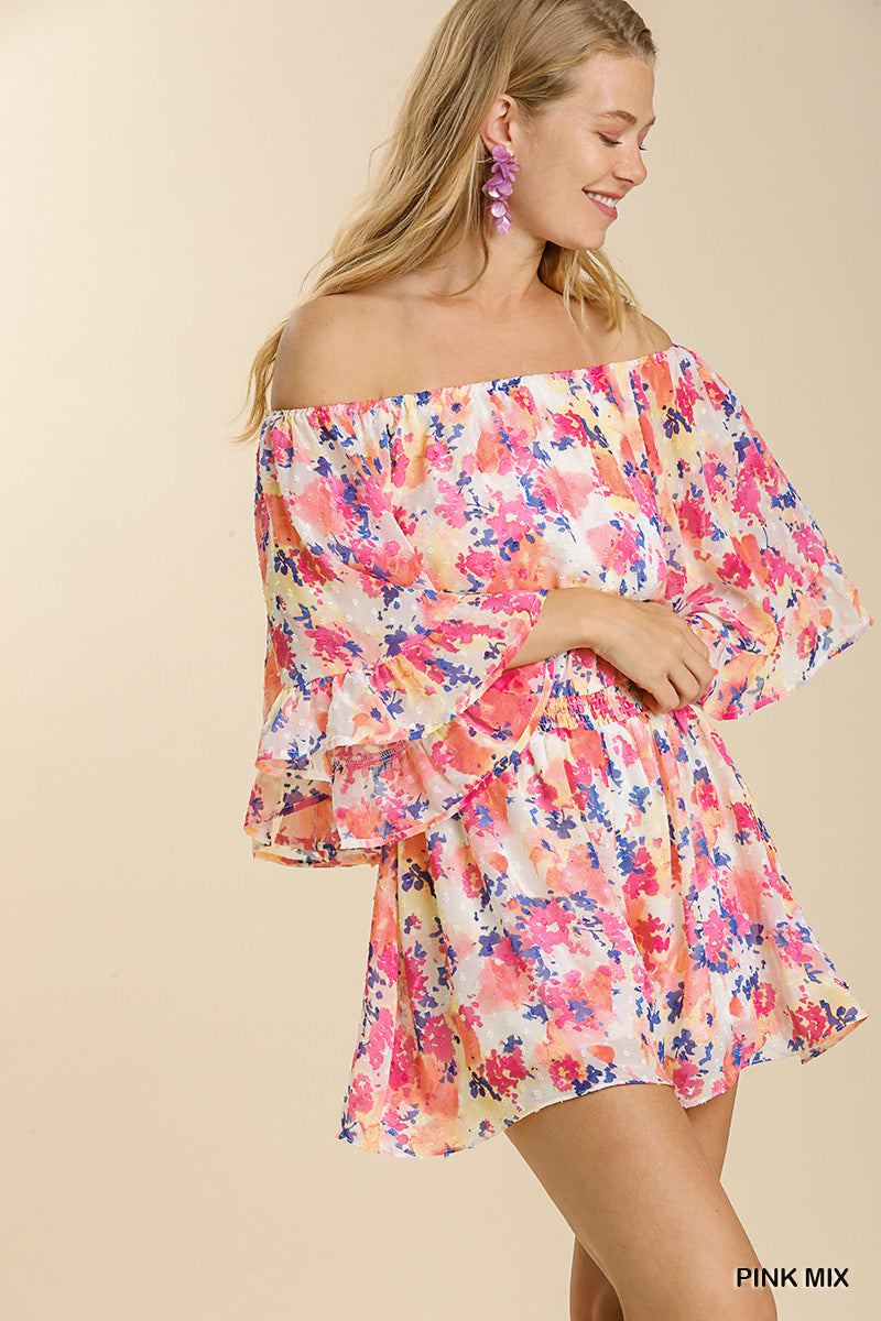 Umgee Mixed Print Polka Dot Detail Bell Sleeve Off Shoulder Romper
