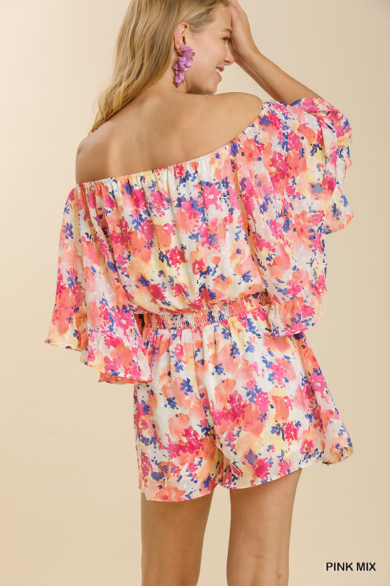 Umgee Mixed Print Polka Dot Detail Bell Sleeve Off Shoulder Romper