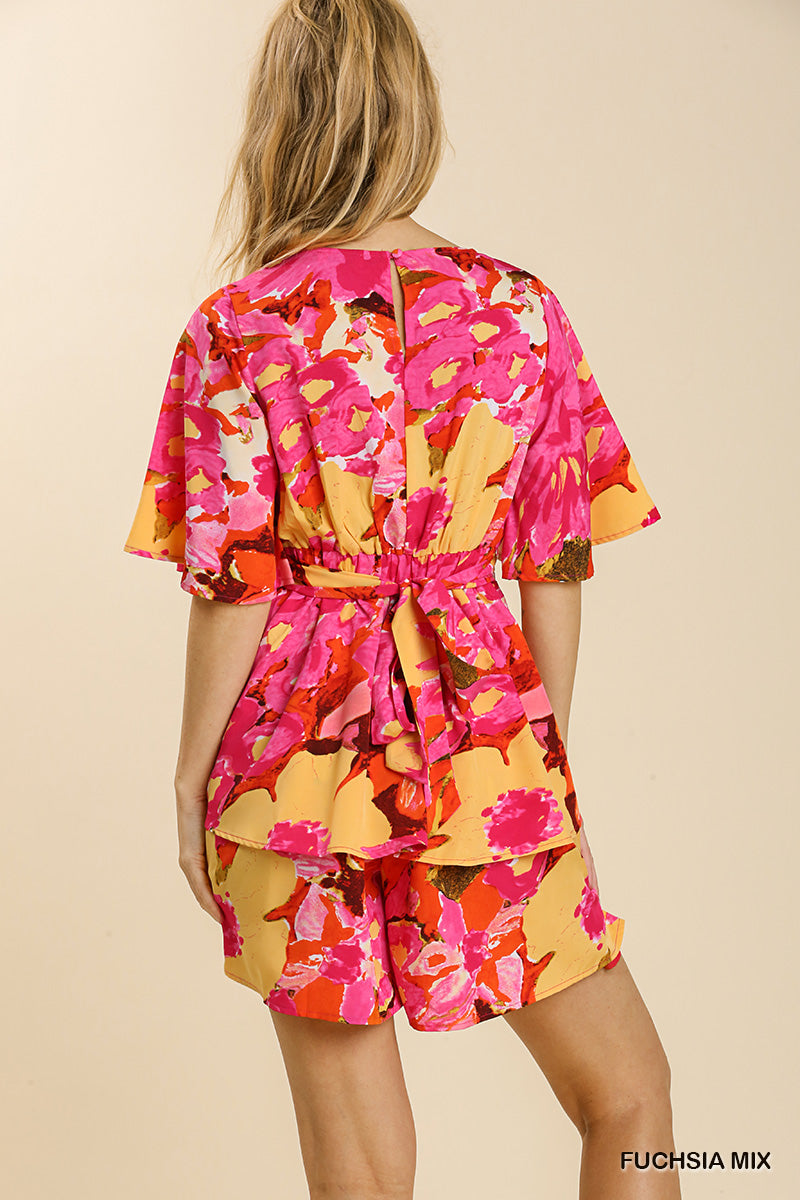 Umgee Mixed Print Bell Sleeve V-Neck Tie Back Romper