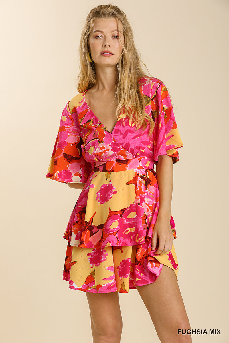 Umgee Mixed Print Bell Sleeve V-Neck Tie Back Romper