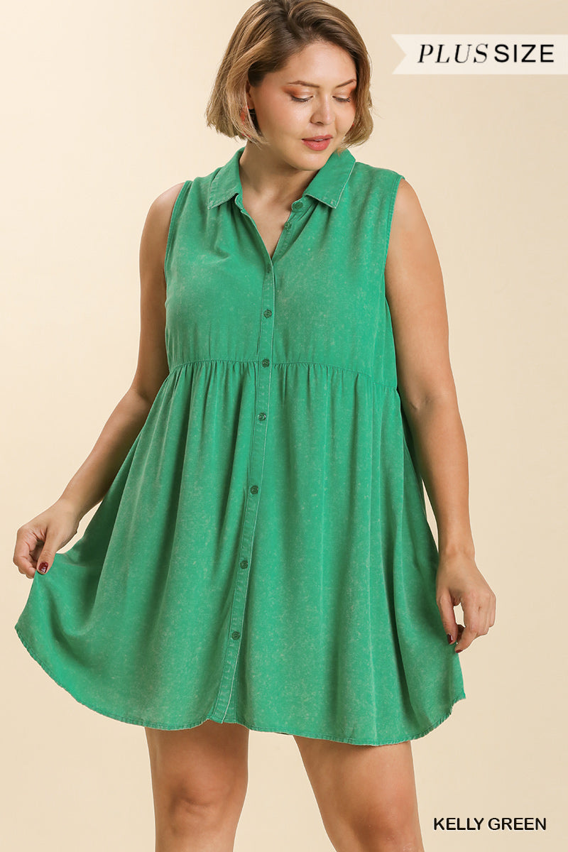 Umgee Plus Snow Washed Button Down Sleeveless Dress