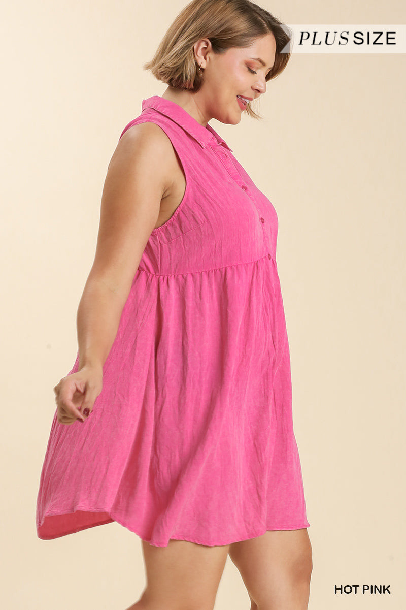 Umgee Plus Snow Washed Button Down Sleeveless Dress