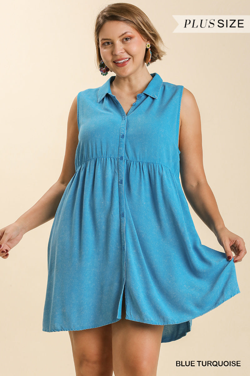 Umgee Plus Snow Washed Button Down Sleeveless Dress